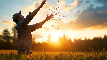 A farmer joyfully scatters seeds into the air, symbolizing growth, harvest, and the promise of a bountiful future. The golden sunset enhances the scene.の素材
