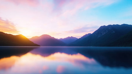 A breathtaking sunset over a mountain lake, with vibrant colors reflected in the calm water, creating a peaceful and picturesque scene.の素材