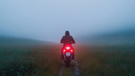 A person on a motorcycle rides through a field with heavy fog and a red tail light glowing.の素材