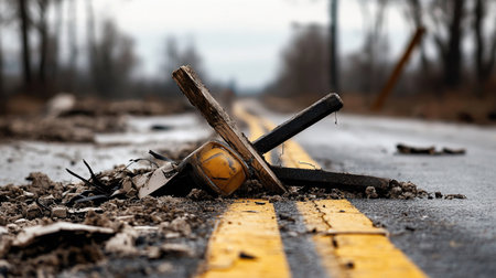 Close-up of crossed tools on a road, symbolizing obstacles and challenges in the path ahead.の素材