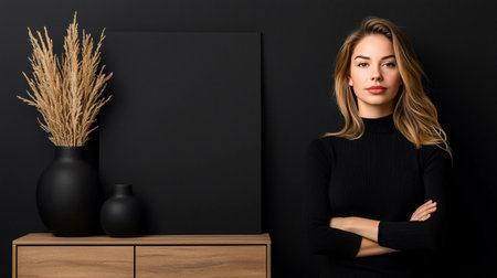 A woman in a black outfit stands with arms crossed, exuding confidence. The background features a black canvas and a wooden cabinet with a vase.の素材