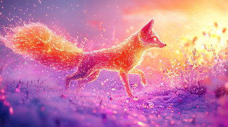 A stunning digital artwork featuring a glowing fox running through a colorful, ethereal environment. The image is filled with vibrant colors and a sense of magic.の素材