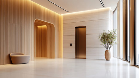 Elegant lobby with wood paneling, elevators, and a comfortable seating area, showcasing modern design and luxury.の素材
