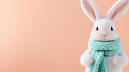 A cute white bunny wearing a blue scarf stands against a soft peach background, perfect for Easter or spring themes.の素材