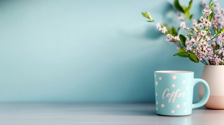 A serene composition featuring a coffee mug, a vase of flowers, and a pastel-colored backdrop, creating a calming and visually appealing scene.の素材