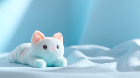 A charming image of a blue cat figurine, resting peacefully on a light blue surface. The cat has pink ears and a sweet expression.の素材