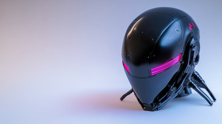 A close-up shot of a sleek, black futuristic helmet with vibrant pink accents, set against a clean white backdrop.の素材