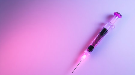 A close-up shot of a medical syringe filled with a dark liquid, illuminated by pink and purple light, ready for injection.の素材