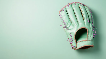 A top-down shot of a mint green baseball glove on a light green background, perfect for sports and leisure themes.の素材