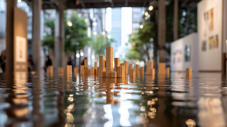 A captivating image of a miniature cityscape, crafted from golden materials, mirrored in a reflective water surface, creating a unique visual experience.の素材