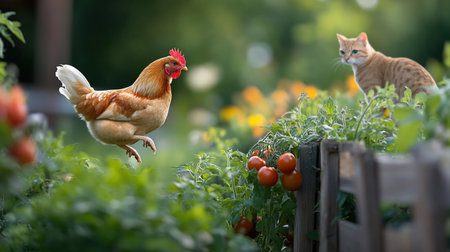 A vibrant image of a chicken mid-flight and a cat observing from a garden setting. The scene is filled with lush greenery and ripe tomatoes.の素材