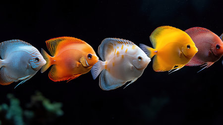 A row of stunning discus fish in various colors, showcasing their beauty against a dark background.の素材
