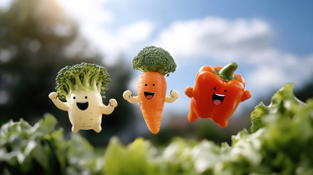 A vibrant image of animated vegetables, including broccoli, a carrot, and a pepper, floating above a bed of green plants.の素材