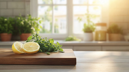 Close-up of lemon slices and herbs on a wooden cutting board in a kitchen setting with natural light.の素材