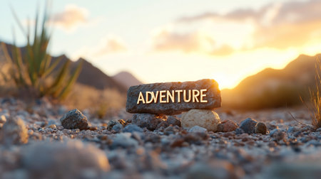 A captivating image of an adventure stone set against a stunning desert backdrop at sunset, evoking a sense of exploration and discovery.の素材
