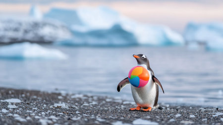 A charming penguin stands on a pebbled beach, holding a vibrant ball against a backdrop of icebergs and the ocean.の素材