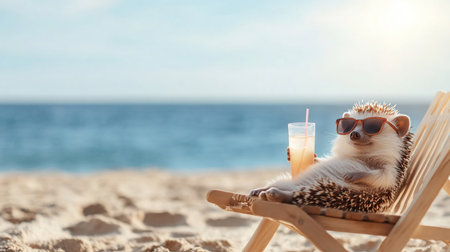 A cute hedgehog wearing sunglasses relaxing on a beach chair with a drink, enjoying a sunny day by the ocean.の素材