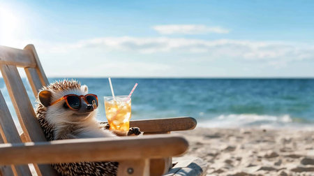 A hedgehog wearing sunglasses relaxes in a beach chair with a drink, enjoying a sunny day by the ocean.の素材