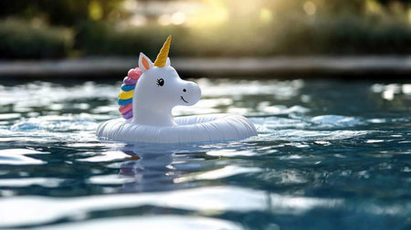 A white unicorn floaty in a pool on a sunny day. Perfect for summer fun and relaxation.の素材