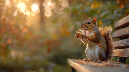 A squirrel sits on a wooden bench, holding a nut, with a blurred background of autumn colors.の素材
