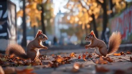 Two squirrels are facing each other in the autumn park with fallen leaves on the ground. The background is blurred.の素材