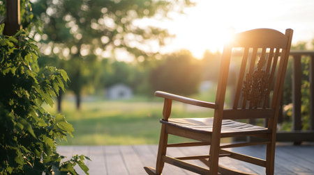 A wooden rocking chair sits on a porch, bathed in the warm glow of the setting sun. The scene evokes a sense of peace and tranquility.の素材