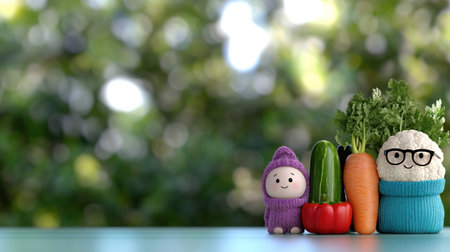A vibrant image featuring adorable vegetable characters, promoting healthy eating and a playful atmosphere.の素材