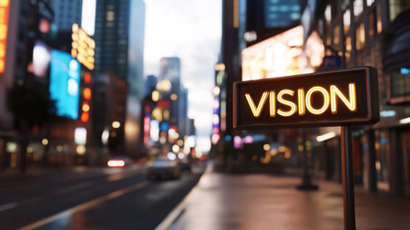 A close-up shot of a VISION sign glowing brightly against a blurred cityscape backdrop, symbolizing goals and aspirations.の素材