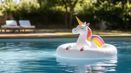 A whimsical inflatable unicorn pool float in a refreshing pool on a bright sunny day. Perfect for summer fun and relaxation.の素材