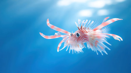 A vibrant lionfish, with its distinctive fins and stripes, is captured in a clear blue ocean environment.の素材
