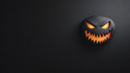 A spooky Halloween pumpkin with an evil grin and glowing eyes on a dark backdrop.の素材