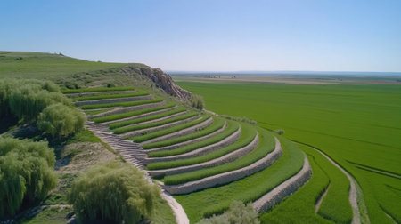 An aerial shot showcasing terraced fields on a hillside with lush greenery and a vast landscape under a clear blue sky.の素材