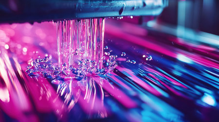 Close-up of liquid pouring with a vibrant color palette, creating an abstract and artistic visual.の素材