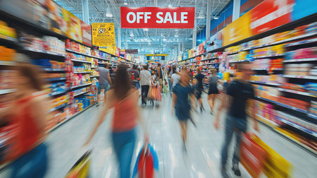 A busy supermarket aisle with blurred shoppers, indicating a sale event.の素材