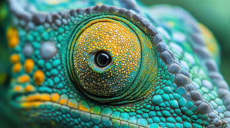 A detailed macro shot of a chameleons eye, highlighting its unique texture and color variations.の素材