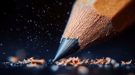 A macro shot of a pencil tip in action, creating shavings on a dark surface.の素材