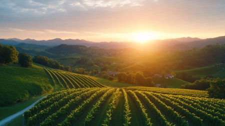 A breathtaking aerial view of a vineyard bathed in the warm glow of a setting sun, showcasing rows of grapevines and the beauty of nature.の素材