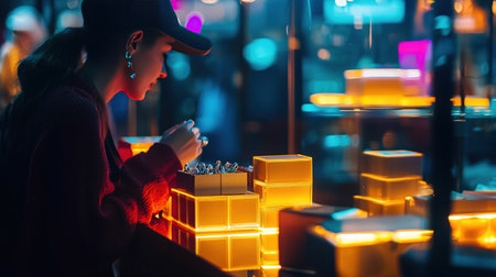 A woman is focused on playing a game in a neon-lit arcade, surrounded by glowing lights and game elements.の素材