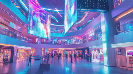 A stunning view of a modern shopping mall with vibrant neon lights and a futuristic design.の素材