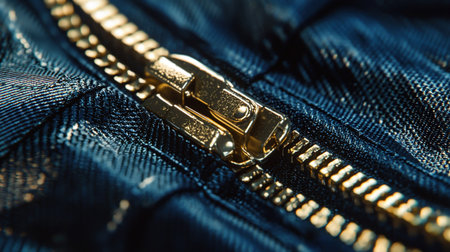 Detailed image of a golden zipper on a dark blue fabric, highlighting the texture and design.の素材