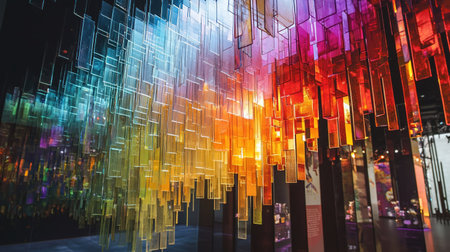 A stunning display of colorful glass elements, creating a vibrant and immersive art installation. The play of light and color is captivating.の素材
