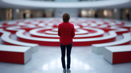 A person in a red shirt stands before a large, intricate labyrinth.の素材