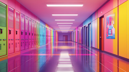 A visually stunning image of a school hallway, showcasing a spectrum of colors and a sense of depth. The lockers and walls are painted in a rainbow of hues, creating a lively and energetic atmosphere.の素材