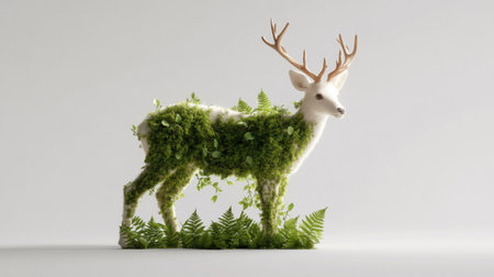 A unique sculpture of a deer, its body formed from lush green foliage, set against a clean white backdrop.の素材