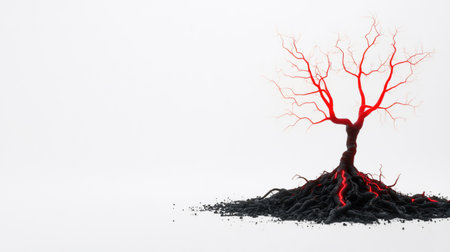 A striking image of a tree with vibrant red branches and roots against a white background, symbolizing life and nature.の素材