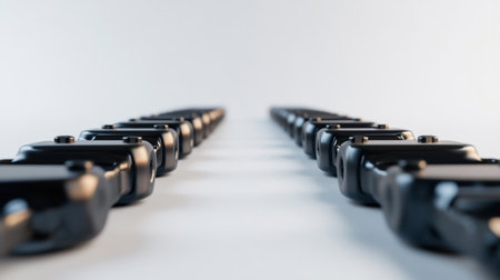 A close-up shot of multiple black smartwatches neatly arranged in two parallel lines, set against a clean white background.の素材