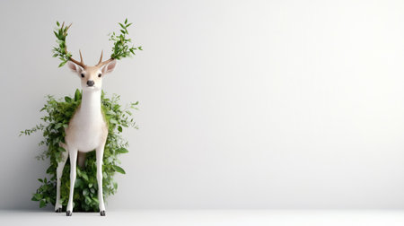 A stunning image of a deer statue decorated with lush green foliage, set against a clean white background, perfect for various design projects.の素材