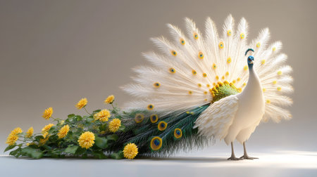 A stunning image of a white peacock with a tail adorned with flowers, creating a unique and artistic composition.の素材