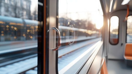 A view from inside a train, showcasing the tracks and the outside world, with a focus on the details of the trains interior.の素材