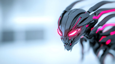 A detailed close-up of a futuristic cybernetic creature with glowing red eyes and intricate mechanical details, set against a blurred background.の素材